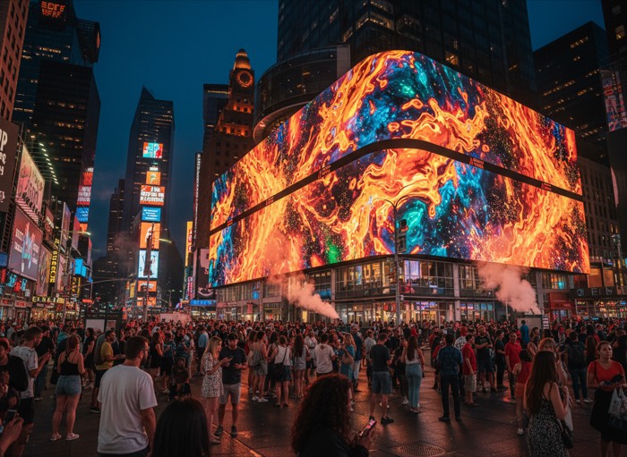 Large format LED displays wrapping a city square