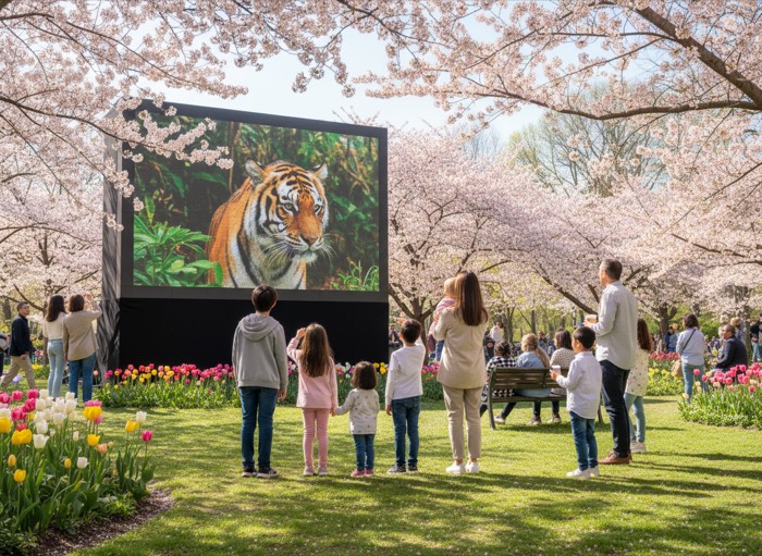 Outdoor daylight-readable LED screen in a park