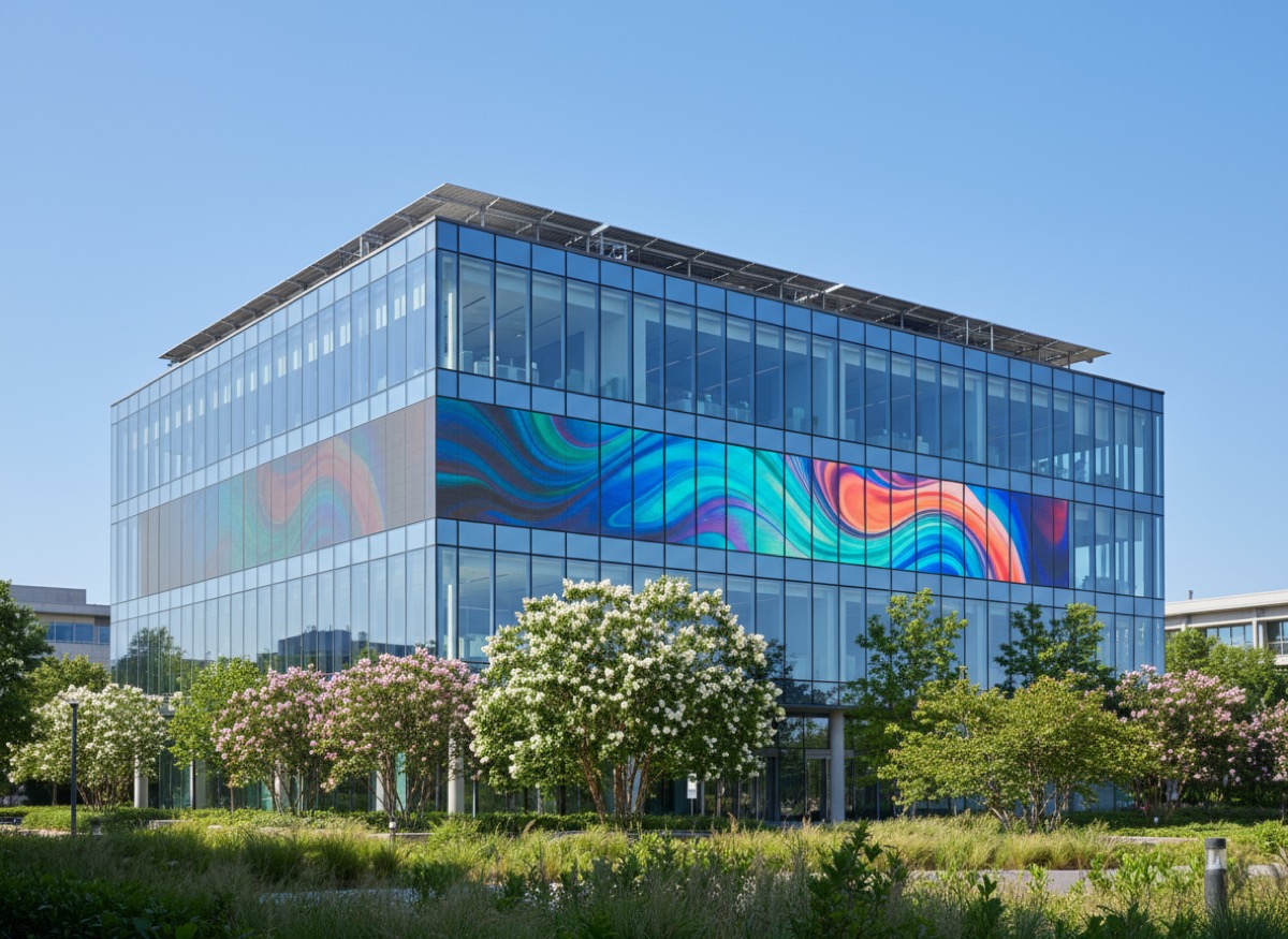 Glass office building with architectural LED ribbon display